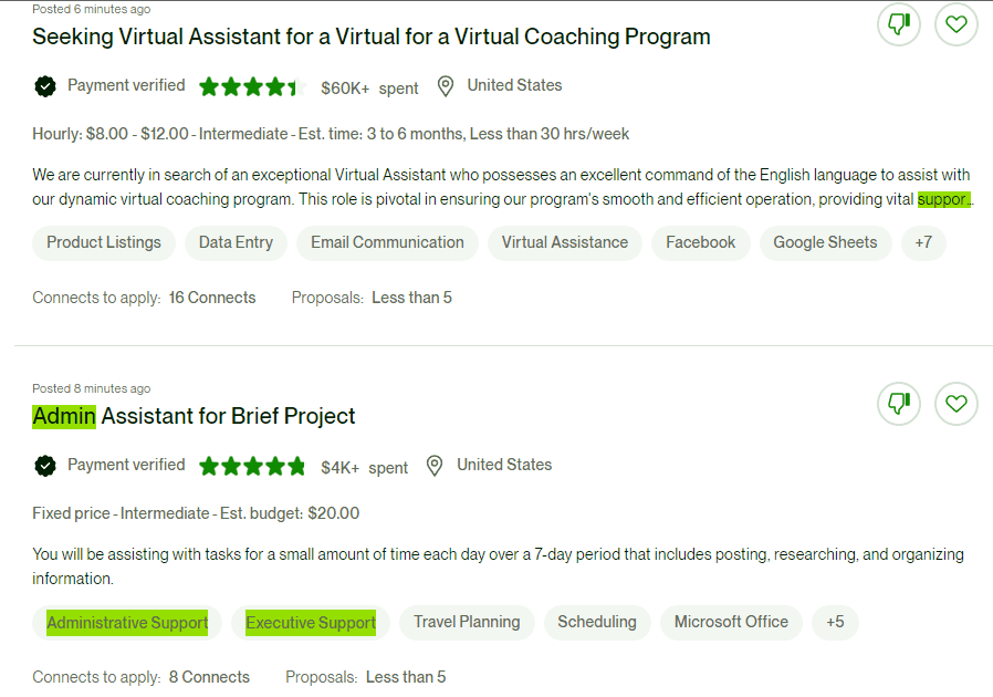 Virtual Assistant Jobs (real-time ss from jobs posted on Upwork)